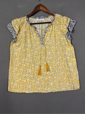 Rose & Olive Yellow Floral Tassel Tie Ruffle Sleeve Relaxed Peasant Blouse, M